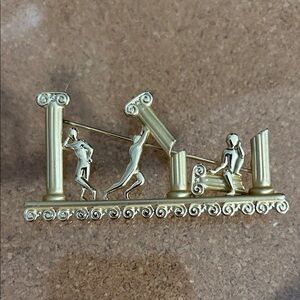 Vintage mid century sterling Greek column pin. Roman actors Scene Brooch